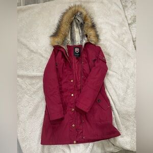 1 Madison Burgundy bomber jacket with Faux Fur Hood